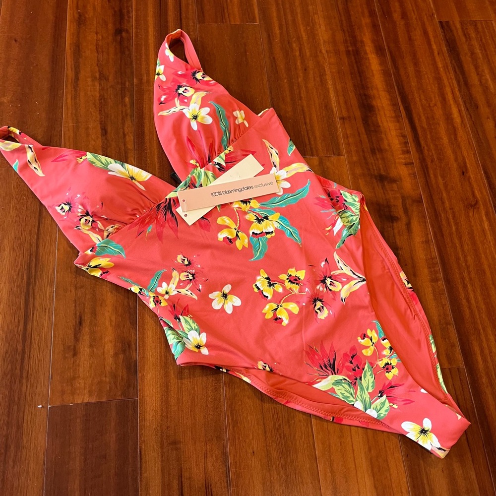 AQUA One Piece Swimsuit Swim Coral Orange Floral Print Bloomingdale New Size XS